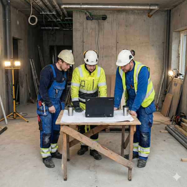 Tre menn rundt laptop som står på et provisorisk bord med byggetegninger.