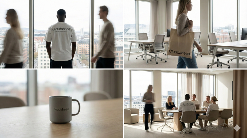 Collage med Cloudaheadbilder - Tre personer som ser ut av vindu, dame med tote i kontorlokale, kaffekopp på møtebord med vindu i bakgrunnen og mennesker rundt et møtebord i lyse kontorlokaler.