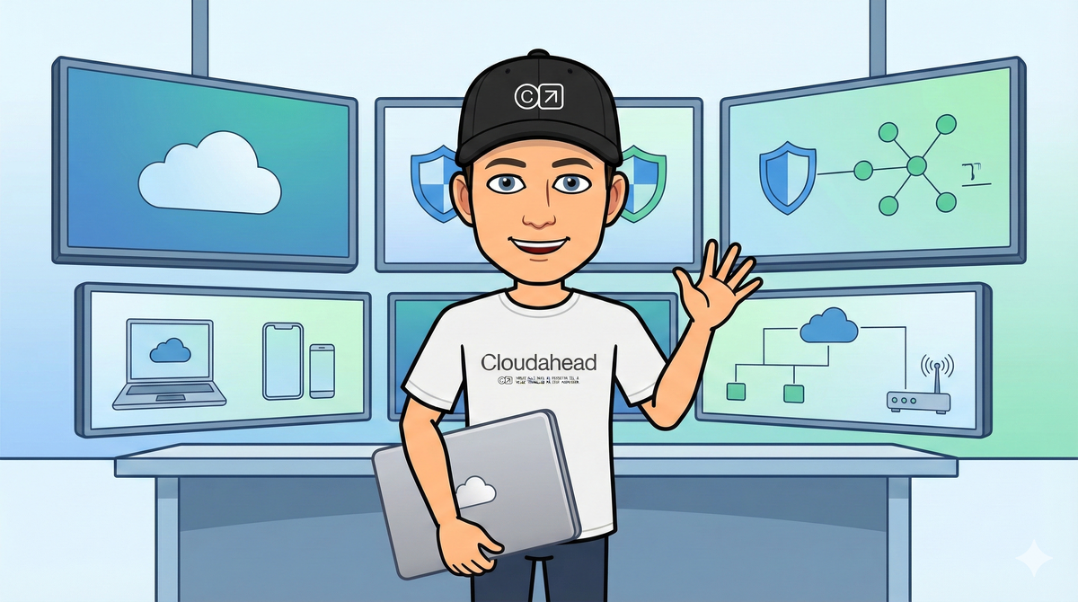 Tegning av IT-ansvarlig som vinker og smiler, med laptop under armen. Hen står foran 6 skjermer som viser ulike typer overvåkning av driftssystemer