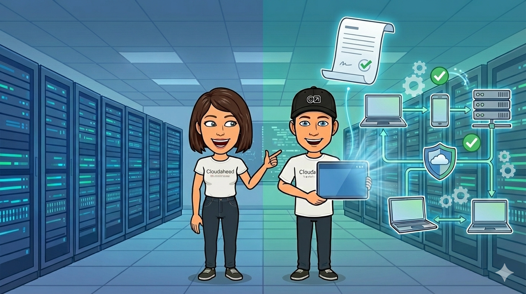 Tegning av mann og dame i datasenter