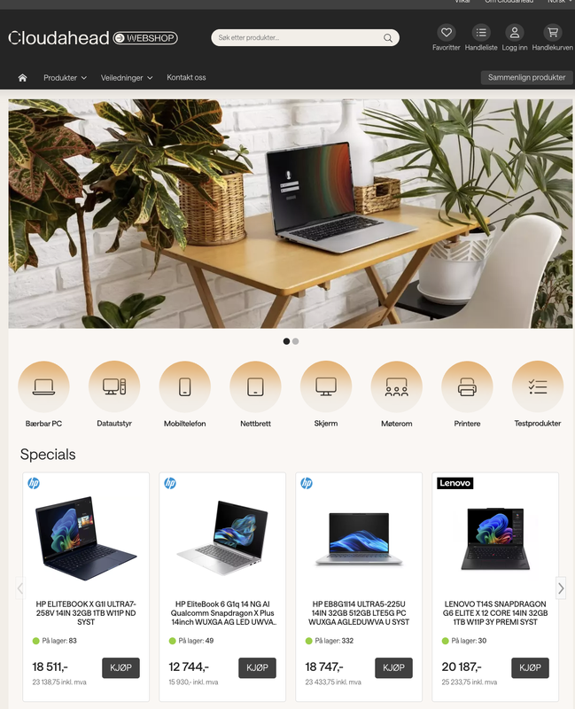 Cloudaheads nettbutikk vist på skjerm, med kategorier som bærbar PC, desktop, mobiltelefoner og tilbehør.