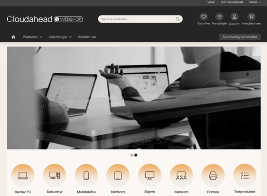 Skjermbilde av kategorier fra nettbutikken til Cloudahead