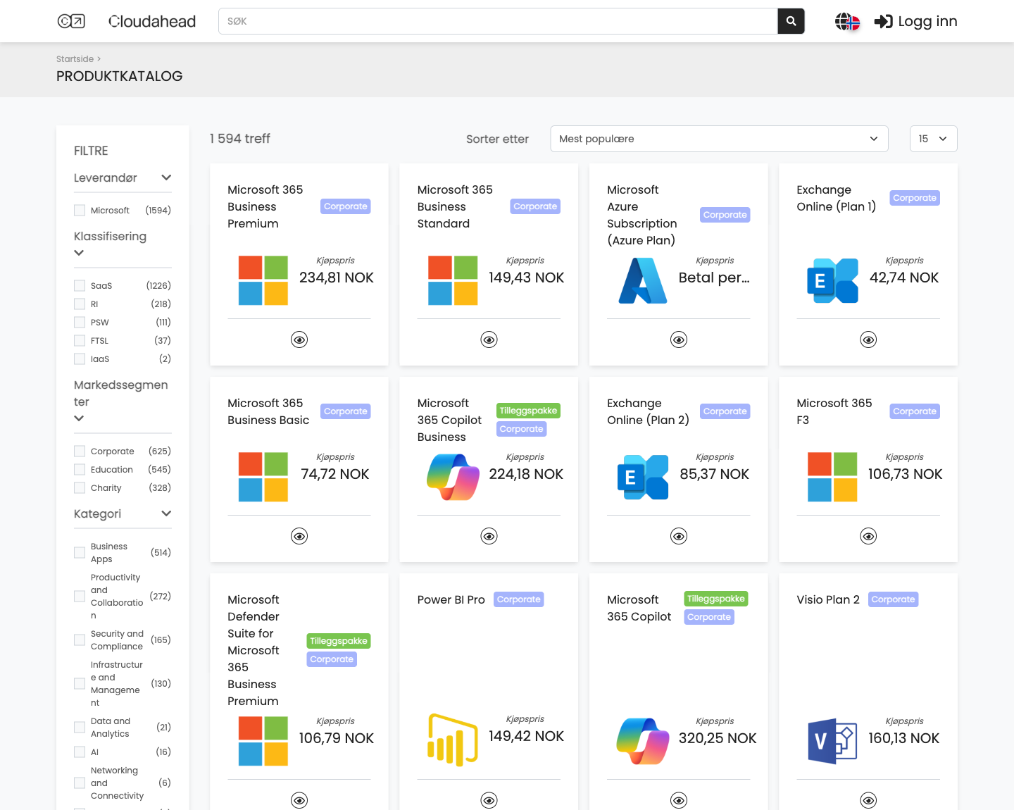 Cloudaheads produktkatalog med Microsoft-lisenspriser