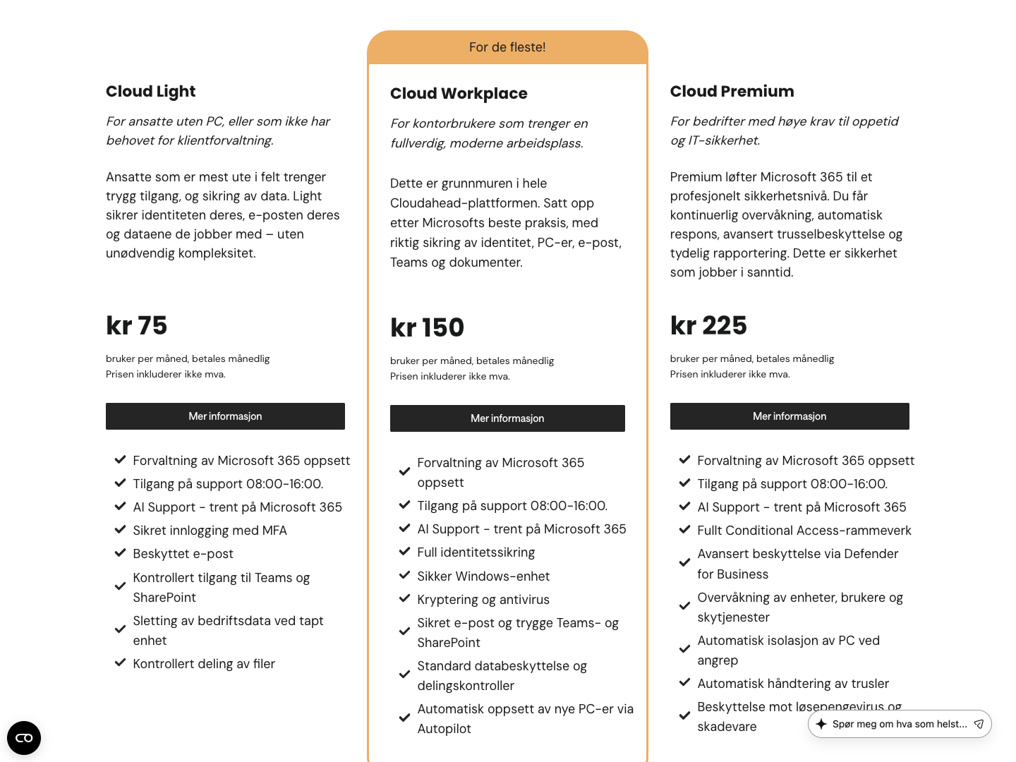 Prislisten for Digital Arbeidsplass på cloudahead.no