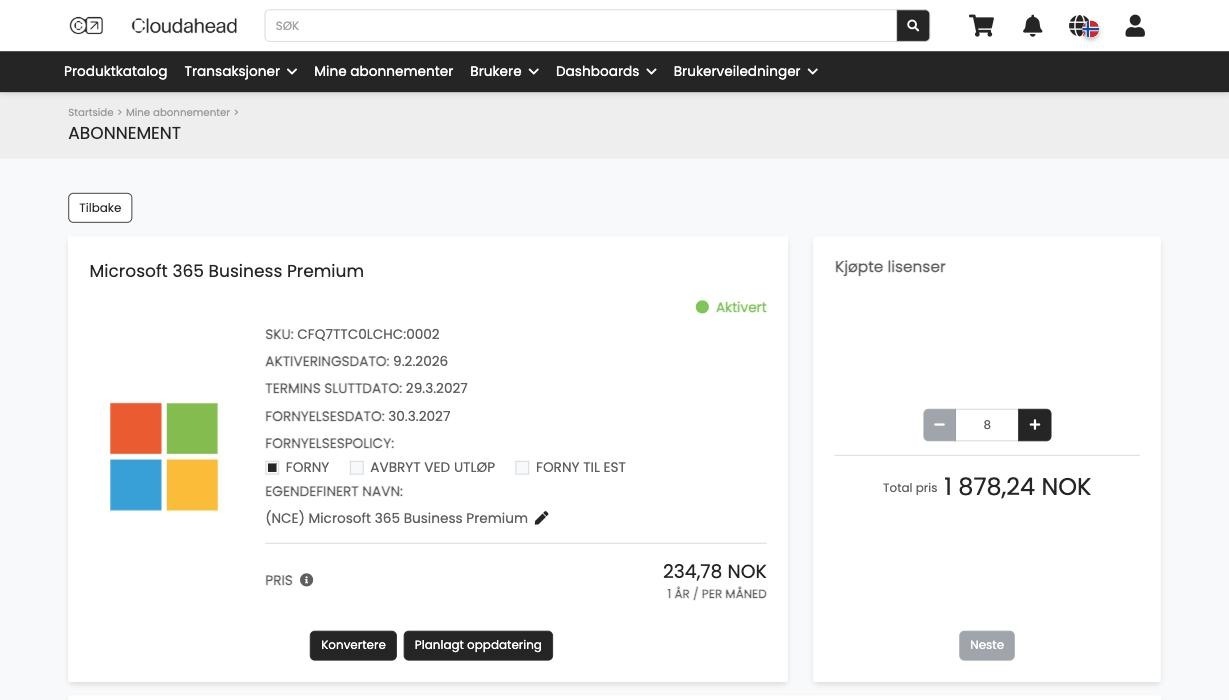Et enkelt abonnement i Cloudportalen med fornyelsespolicy og planlagt oppdatering