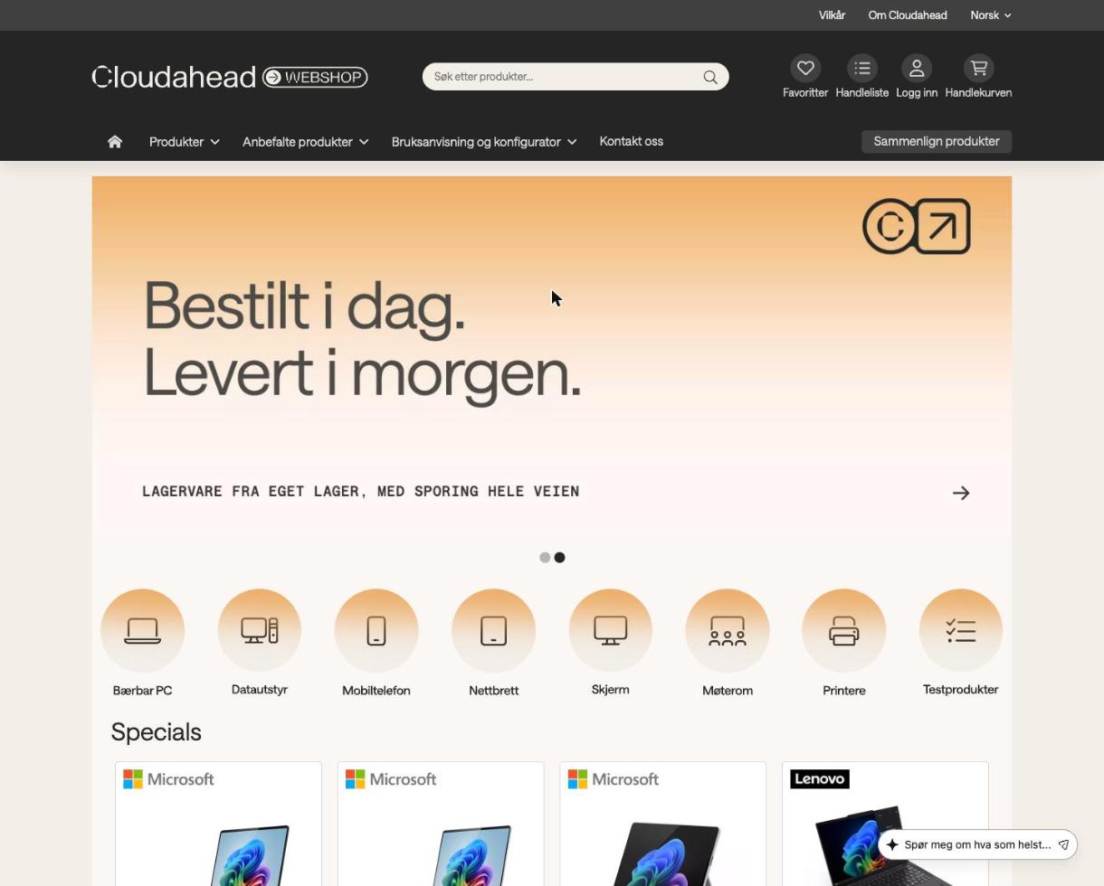 Forsiden av nettbutikken til Cloudahead med produktkategorier