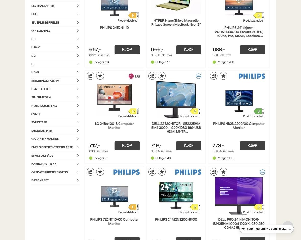 Kategorivisning i nettbutikken med produktbilder, pris og lagerbeholdning