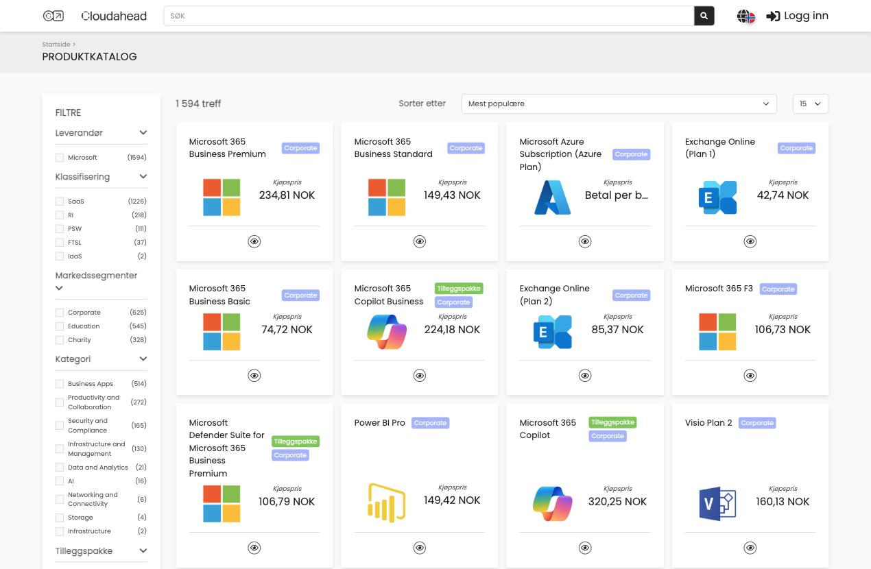 Produktkatalogen i Cloudahead-portalen med Microsoft 365-lisenser, priser i kroner og filtre for leverandør og kategori